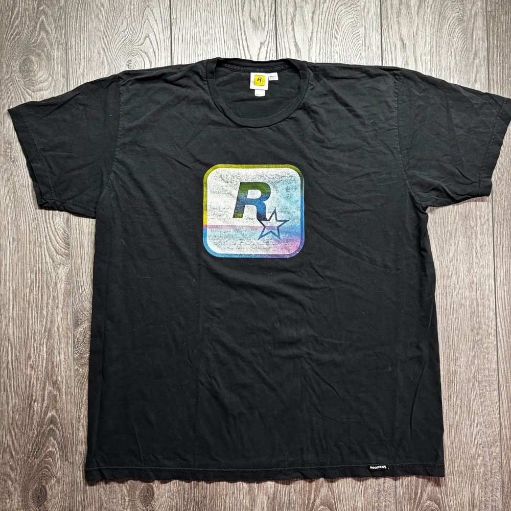 Rockstar Games Graphic T-Shirt Mens 2XL Black Rainbow Logo Short Sleeve Tee